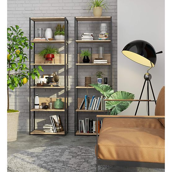 60 cm-es fém loft polc - fekete-sonoma tölgy - 6 polc