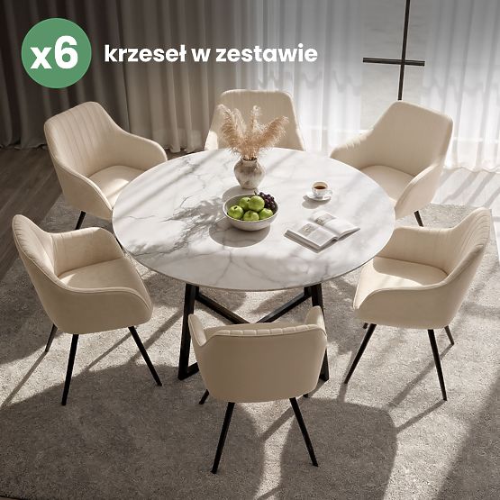 6x Bársony forgószék varrással Bézs TURNO Fekete lábak