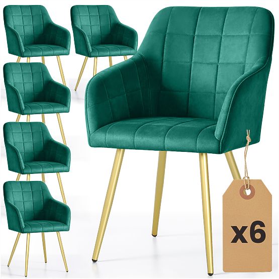 6x Kárpitozott szék négyzetes steppelés Smaragdzöld LUXANO Arany lábak