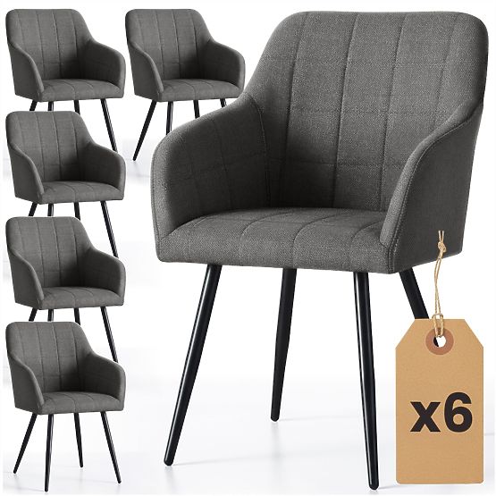 6x Kárpitozott szék négyzetes steppelésű Sötét Grafit LUXANO Fekete lábak Lumos szövet