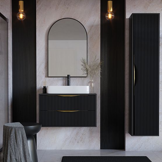 Avila 2.0 mosdó alatti szekrény, 80 cm, bordázott, arany fogantyúk, fekete