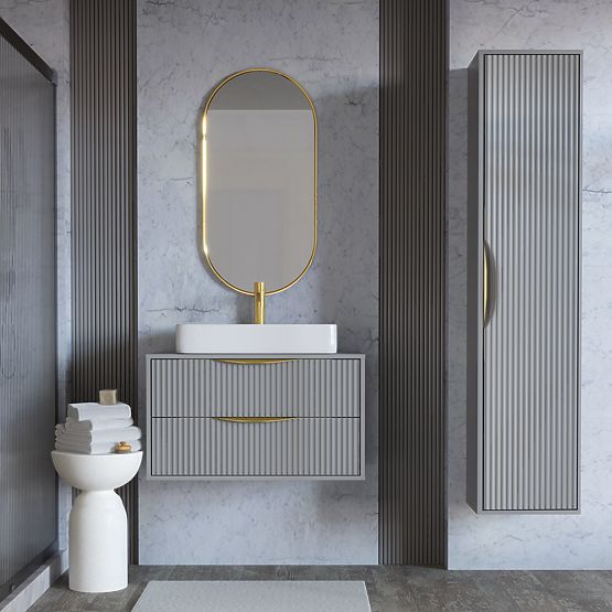 Avila 2.0 mosdó alatti szekrény, 80 cm, bordázott, arany fogantyúk, szürke