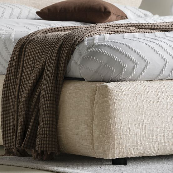 Avola kárpitozott ágy 160x200 cm, ráccsal és tárolóval, világos bézs, lekerekített