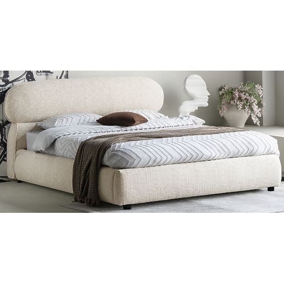 Avola kárpitozott ágy 160x200 cm, ráccsal és tárolóval, világos bézs, lekerekített