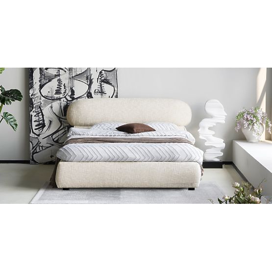 Avola kárpitozott ágy 160x200 cm, ráccsal és tárolóval, világos bézs, lekerekített