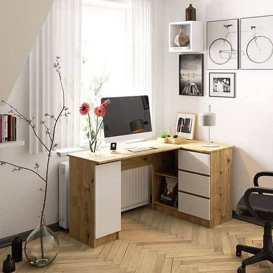 B20 Sarokasztal 155 cm jobb - PK Artisan tölgy-fehér - 3 fiók