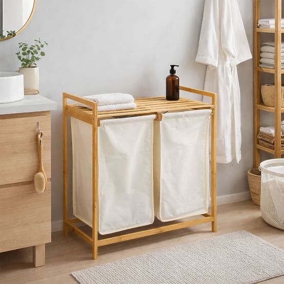 Bambusz szennyes- vagy játékkosár HANOI 2 rekesszel