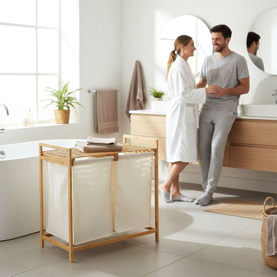 Bambusz szennyes- vagy játékkosár HANOI 2 rekesszel