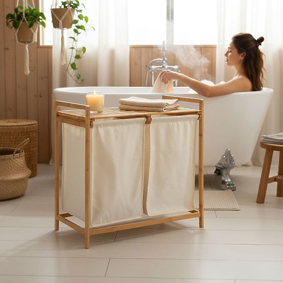 Bambusz szennyes- vagy játékkosár HANOI 2 rekesszel