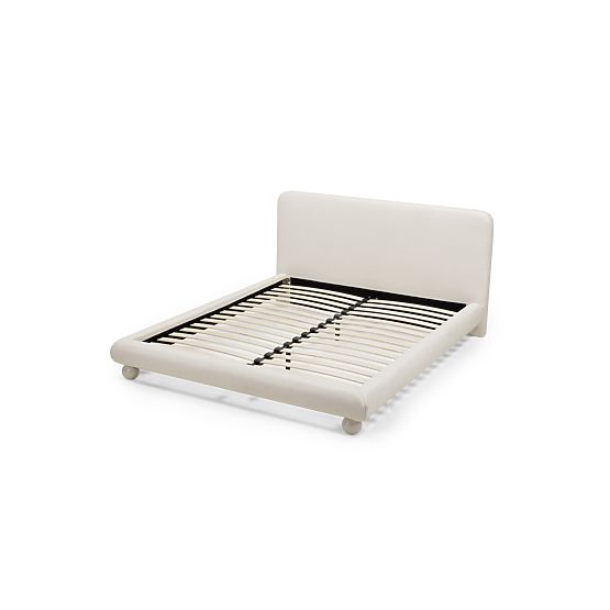 Booli kárpitozott ágy 140x200 cm, ráccsal, gömb lábakkal, világos bézs