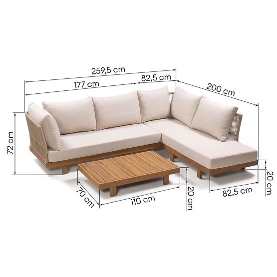 Borgetto kerti sarokkanapé asztallal, fonott, akácfa FSC, teak megjelenés, világos b