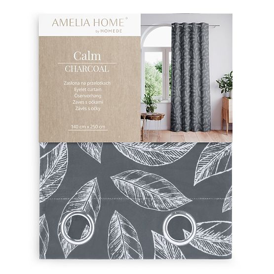 CALM függöny grafit színben, nyomtatott növényi motívummal, klasszikus stílus, ezüst fém karikákkal