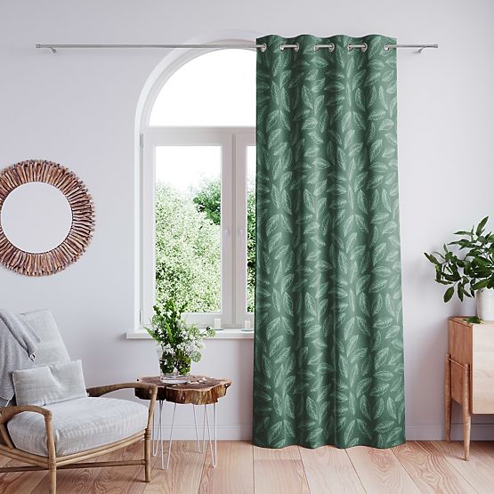 CALM függöny palackzöld színben, nyomtatott növényi motívummal, klasszikus stílus, ezüst fém karikák