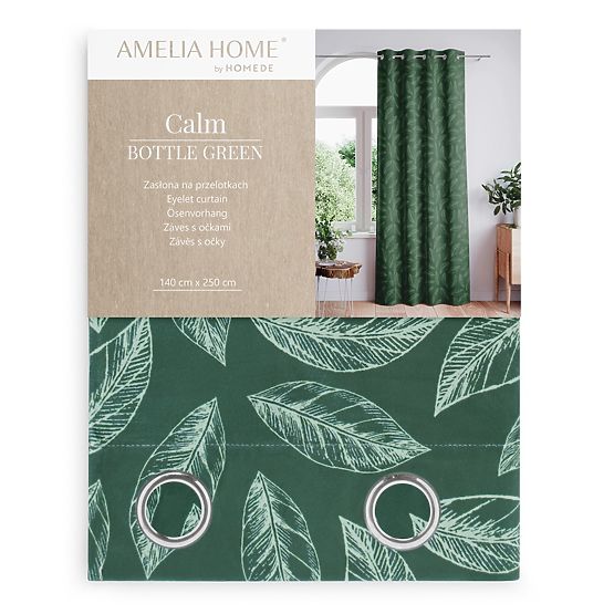 CALM függöny palackzöld színben, nyomtatott növényi motívummal, klasszikus stílus, ezüst fém karikák