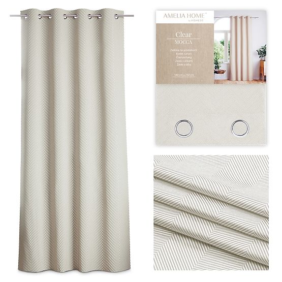 CLEAR függöny cappuccino színben, nyomtatott boho stílusú mintával, klasszikus ezüst fém karikákkal