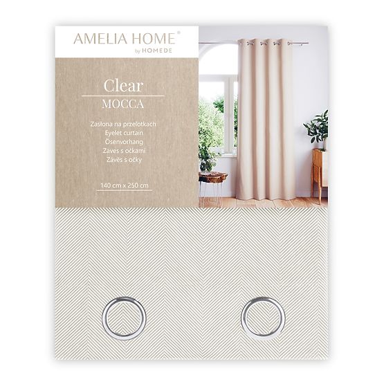 CLEAR függöny cappuccino színben, nyomtatott boho stílusú mintával, klasszikus ezüst fém karikákkal