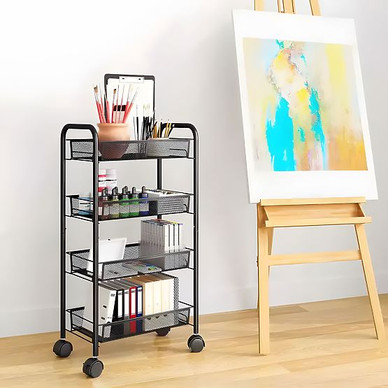 Fém konyhai és fürdőszobai szervező kerekeken, 4 polc, fekete ModernHome