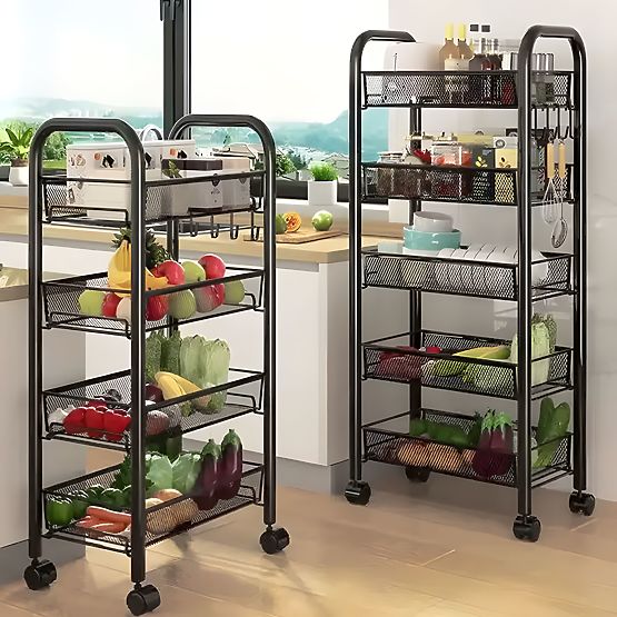 Fém konyhai és fürdőszobai szervező kerekeken, 4 polc, fekete ModernHome