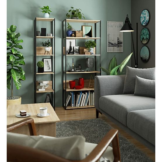 Fém loft polc 40 cm - fekete-sonoma tölgy - 6 polc