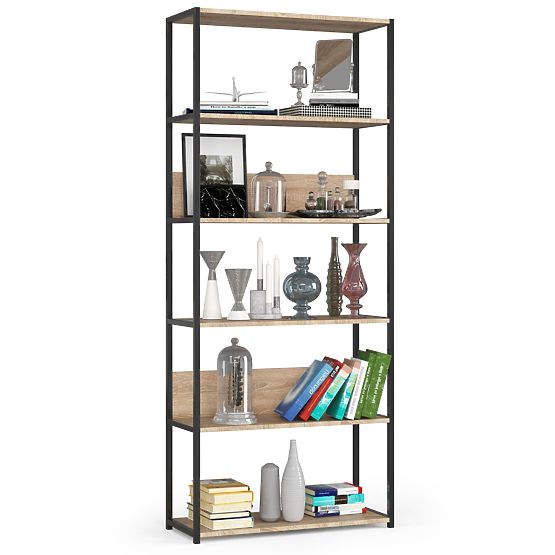 Fém loft polc 80 cm - fekete-sonoma tölgy - 6 polc