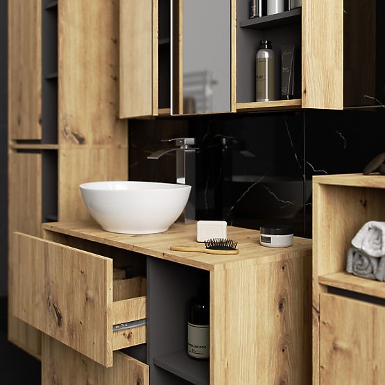 FÜGGESZTETT FÜRDŐSZOBAI BÚTOR SZETT NYÍLÁSOKKAL VAMI ARTISAN TÖLGY / GRAFIT SZÜRKE