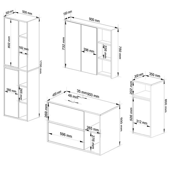 FÜGGESZTETT FÜRDŐSZOBAI BÚTOR SZETT NYÍLÁSOKKAL VAMI FEHÉR / GRAFIT SZÜRKE