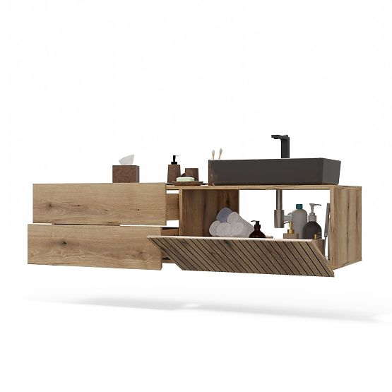 FÜRDŐSZOBAI MOSDÓ ALATTI SZEKRÉNY TIGO 1D2S EVOKE TÖLGY 140 CM 2 FIÓK ROVÁSSAL ELLÁTOTT ELŐLAP FELFÜ