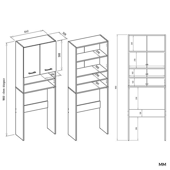 Fürdőszobai Szekrény Mosógép Fölé POLA DK ANTRACIT FEHÉR Polc Oszlop 180X64X30