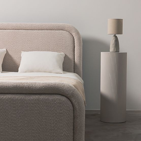 Kárpitozott ágy Ovoid 160x200 cm, ráccsal és tárolóval, lekerekített, bézs