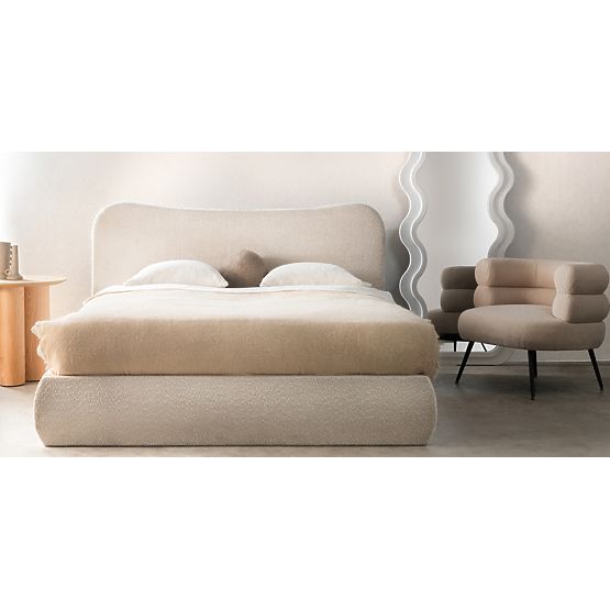 Kárpitozott Derry ágy 160x200 cm, ráccsal és tárolóval, lekerekített, bézs