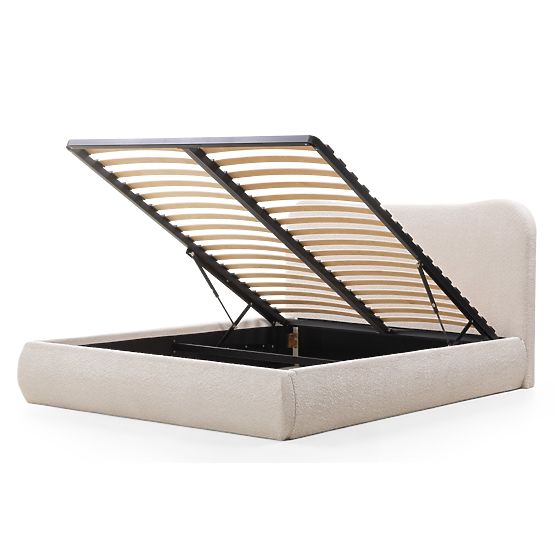 Kárpitozott Derry ágy 160x200 cm, ráccsal és tárolóval, lekerekített, bézs