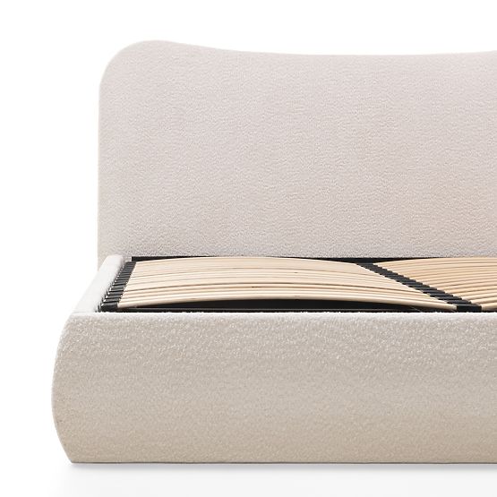 Kárpitozott Derry ágy 160x200 cm, ráccsal és tárolóval, lekerekített, bézs