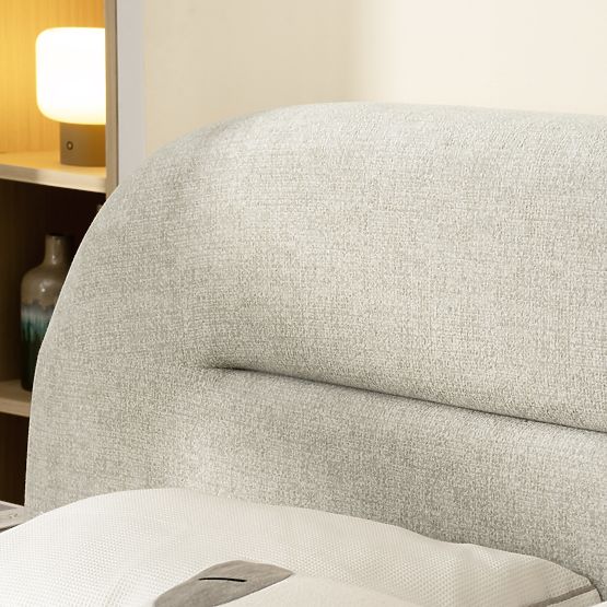 Kárpitozott Luno ágy 160x200 cm, ráccsal és tárolóhellyel, világos bézs, lekerekített