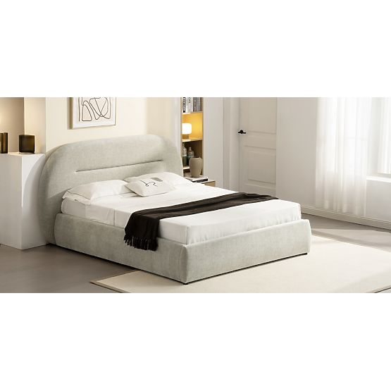 Kárpitozott Luno ágy 160x200 cm, ráccsal és tárolóhellyel, világos bézs, lekerekített