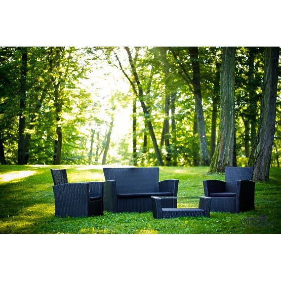 Kerti bútor technorattanból (kanapé 123cm, 2 x fotel + asztal) UNICO fekete