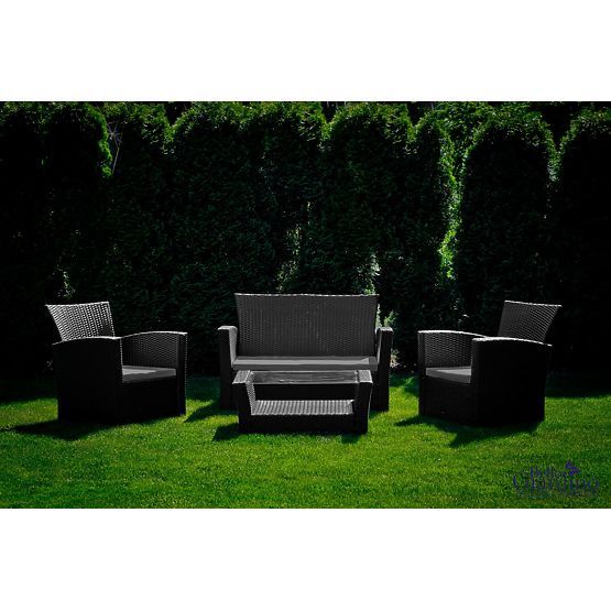 Kerti bútor technorattanból (kanapé 123cm, 2 x fotel + asztal) UNICO fekete