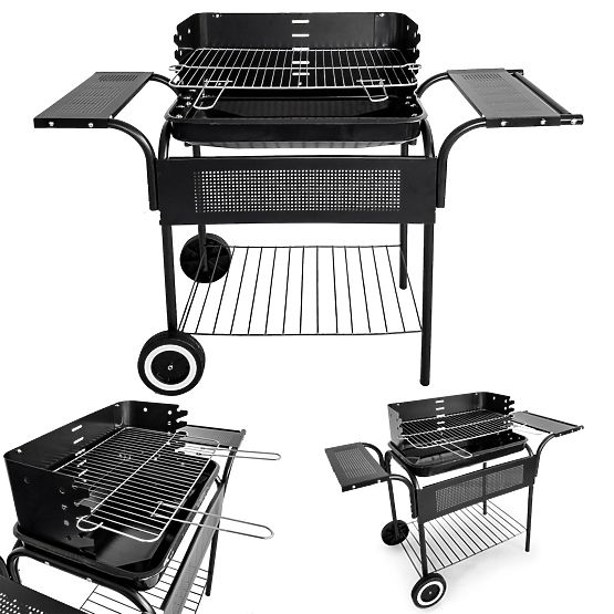 Kerti grill fém polcokkal, rács szabályozással és kerekekkel