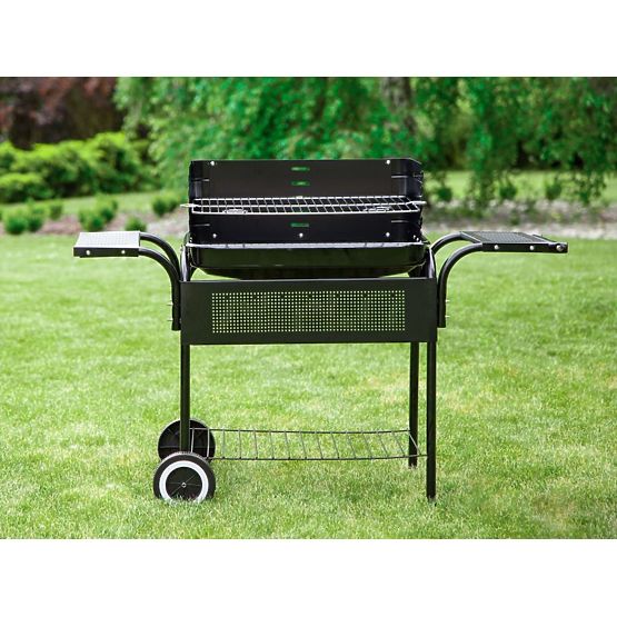 Kerti grill fém polcokkal, rács szabályozással és kerekekkel
