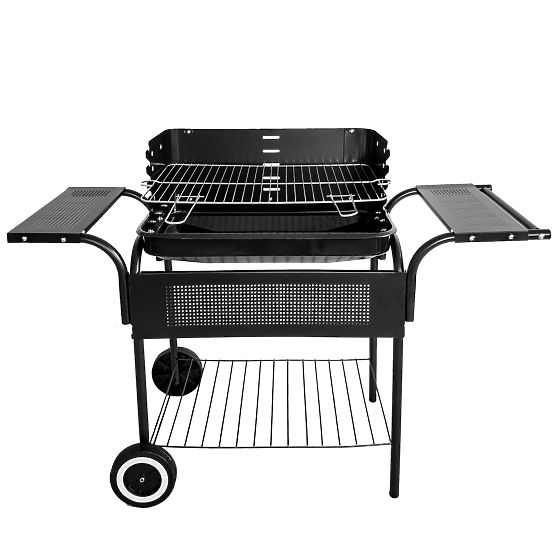 Kerti grill fém polcokkal, rács szabályozással és kerekekkel