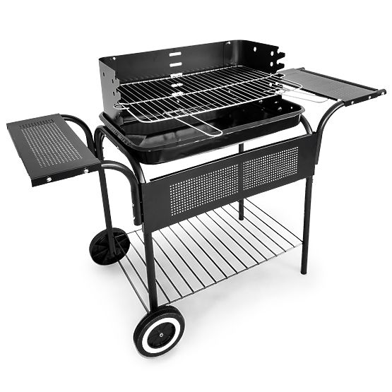 Kerti grill fém polcokkal, rács szabályozással és kerekekkel