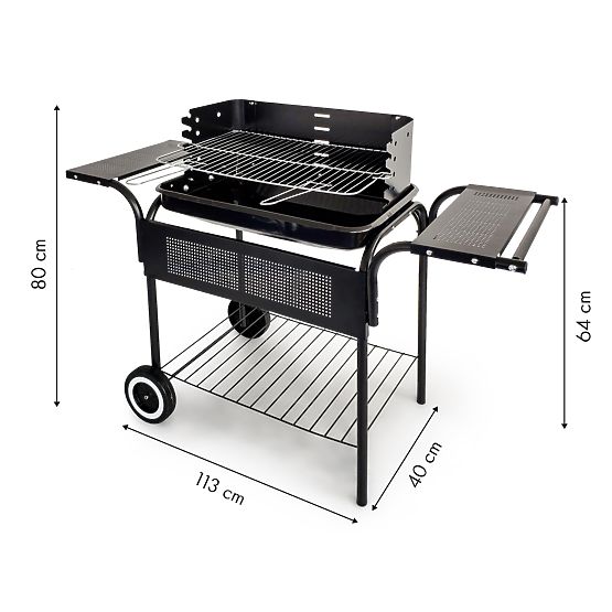 Kerti grill fém polcokkal, rács szabályozással és kerekekkel