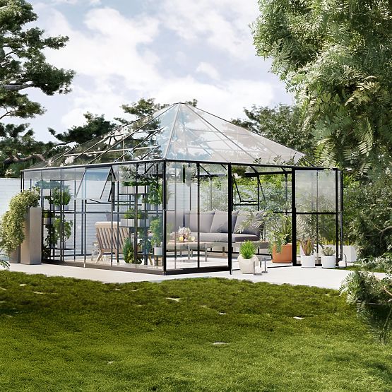 Kerti üvegház ProGlass Gazebo Large alappal 17,8 m² edzett üveg 4 mm, alumínium, fekete