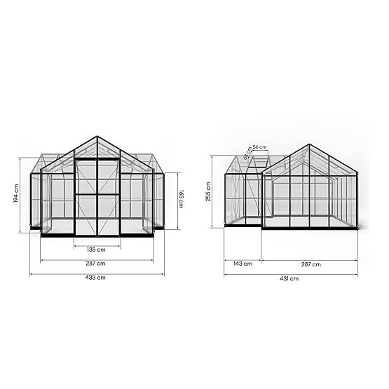 Kerti üvegház Royal Green Standard 16,6 m² alappal, edzett üveg 4 mm, alumínium, fekete