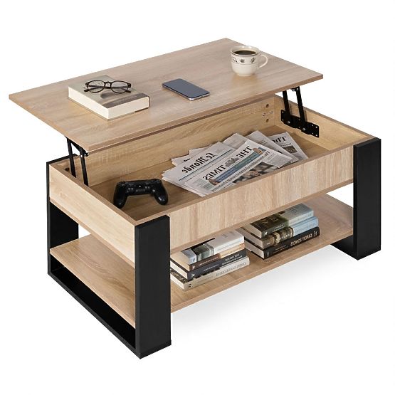 Kihúzható dohányzóasztal felnyitható lappal 90 cm tárolóhely polc sonoma tölgy ModernHome