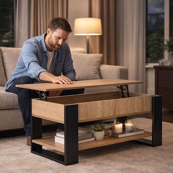 Kihúzható dohányzóasztal felnyitható lappal 90 cm tárolóhely polc sonoma tölgy ModernHome