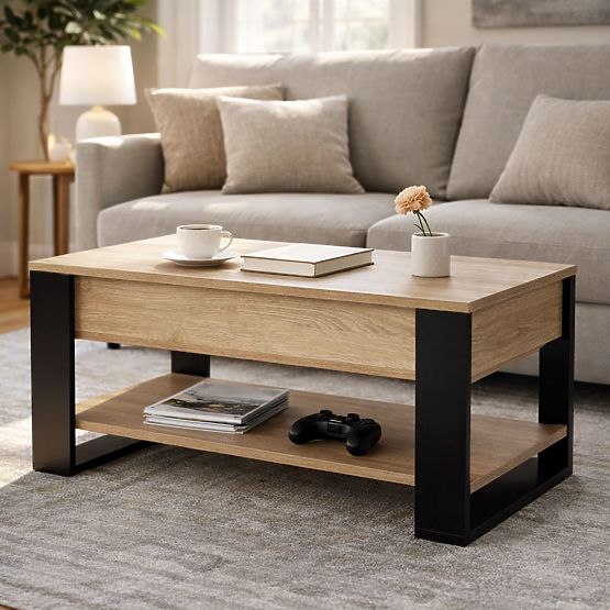 Kihúzható dohányzóasztal felnyitható lappal 90 cm tárolóhely polc sonoma tölgy ModernHome