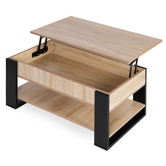 Kihúzható dohányzóasztal felnyitható lappal 90 cm tárolóhely polc sonoma tölgy ModernHome