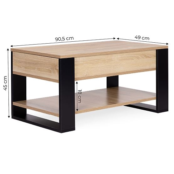 Kihúzható dohányzóasztal felnyitható lappal 90 cm tárolóhely polc sonoma tölgy ModernHome
