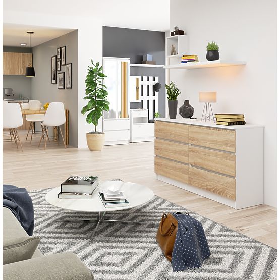 KOMÓD K 140 cm 6 FIÓK FEHÉR / SONOMA