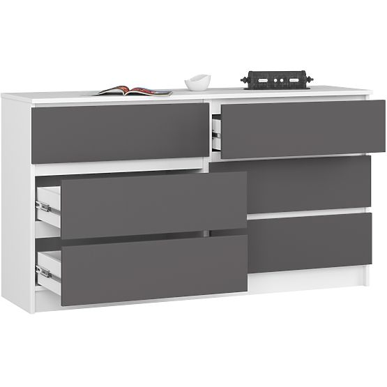 Komód K 140 cm 6 fiókos PK fehér-grafit szürke